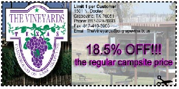 Camping Coupon at the Vineyards Campground
